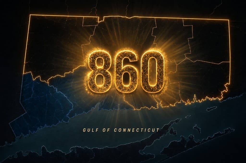 Glowing map of Connecticut highlighting the 860 region