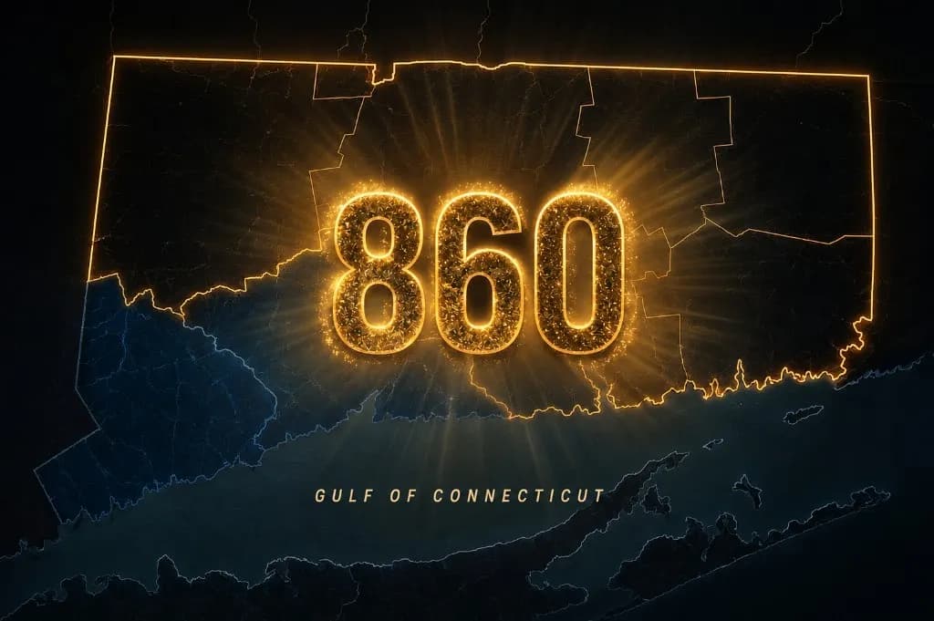 Glowing map of Connecticut highlighting the 860 region