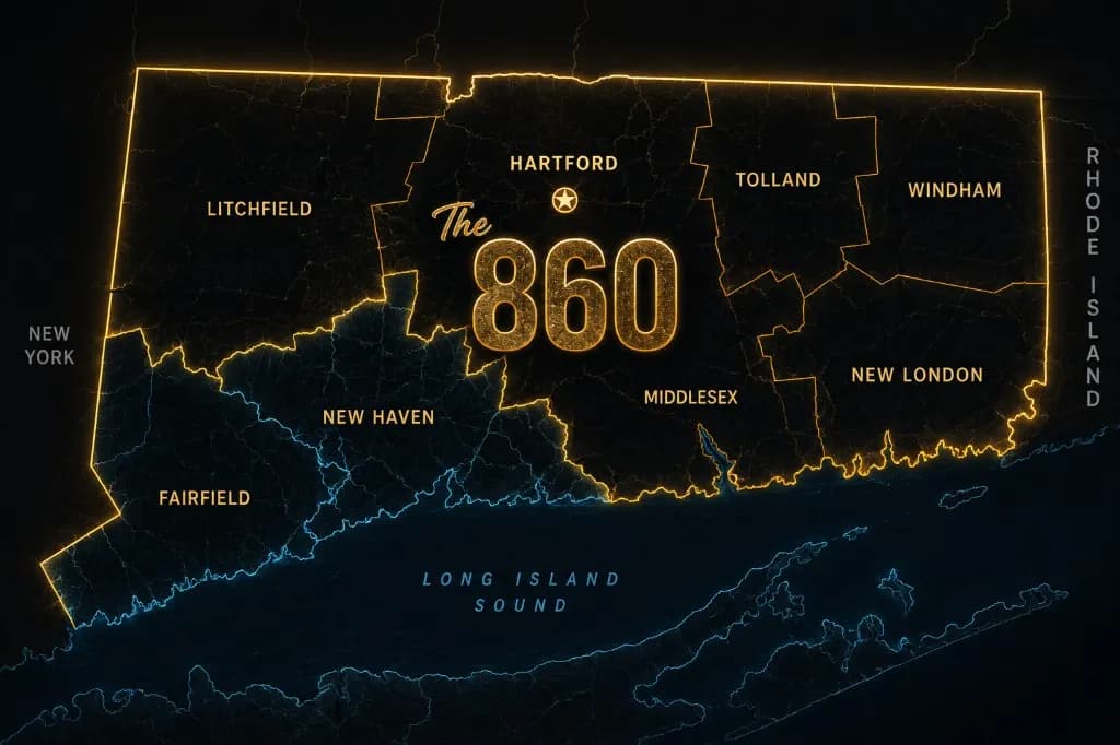 Map of Connecticut highlighting the 860 area code