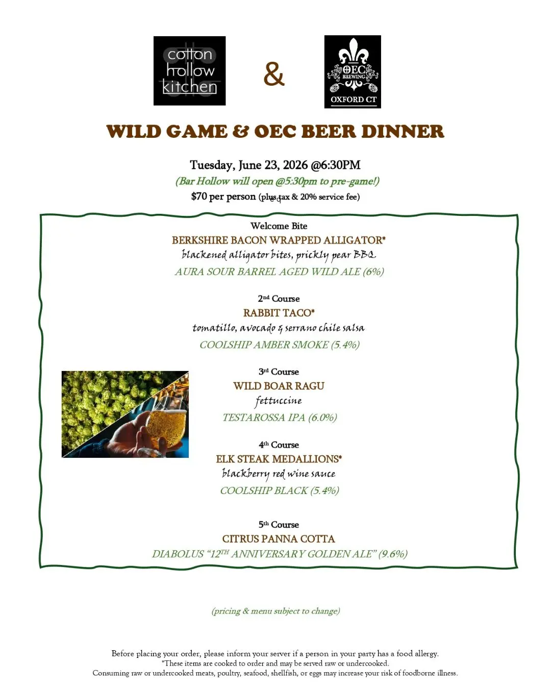 Wild Game & OEC Beer Dinner at Cotton Hollow Kitchen thumbnail