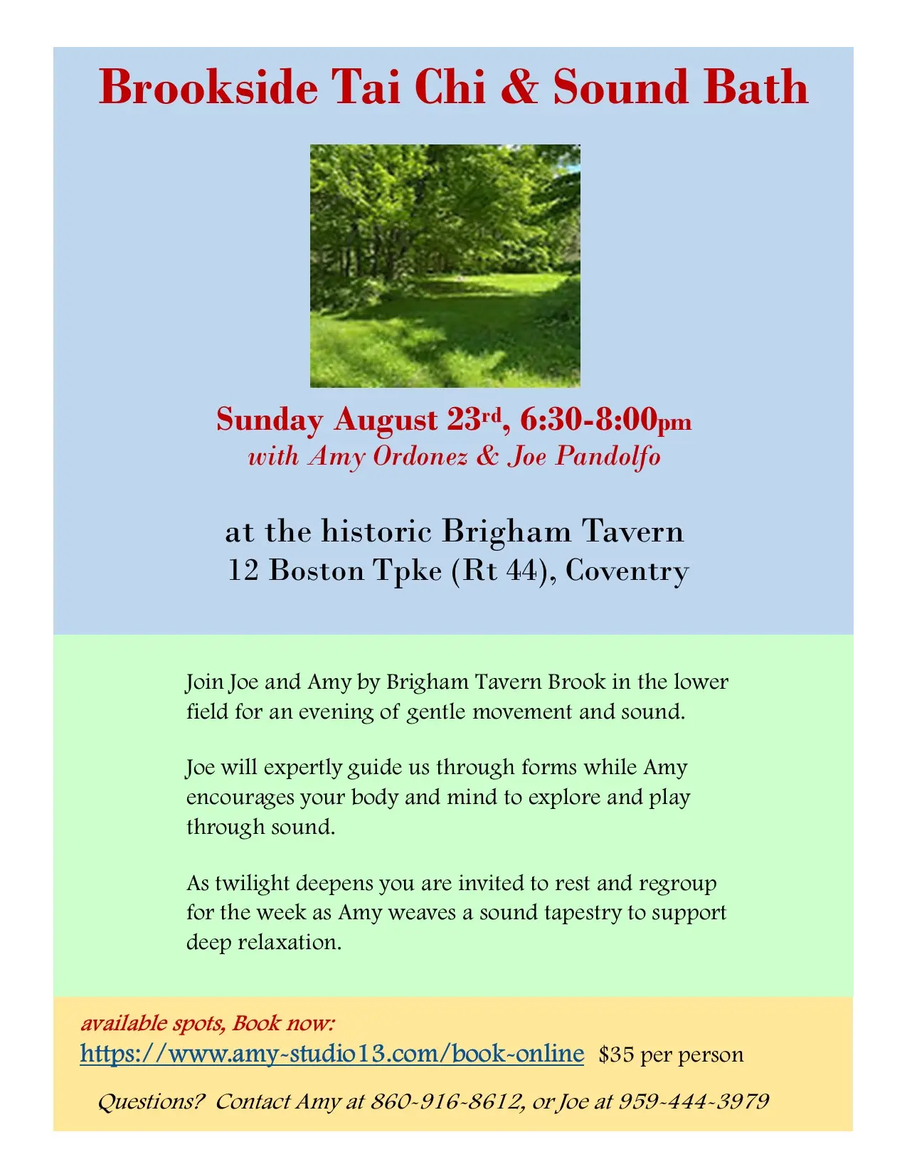 Brookside Tai Chi & Sound Bath at Historic Brigham Tavern, 12 Hartford Turkpike, Coventry CT event photo